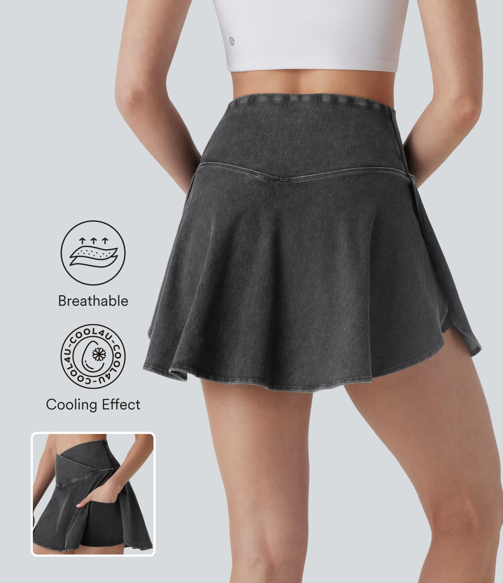 Denim Skirts|Denim Skirts<HALARA Flex™ High Waisted Crossover 2-in-1 Cool Touch Washed Denim Mini Casual Skirt with Pocket