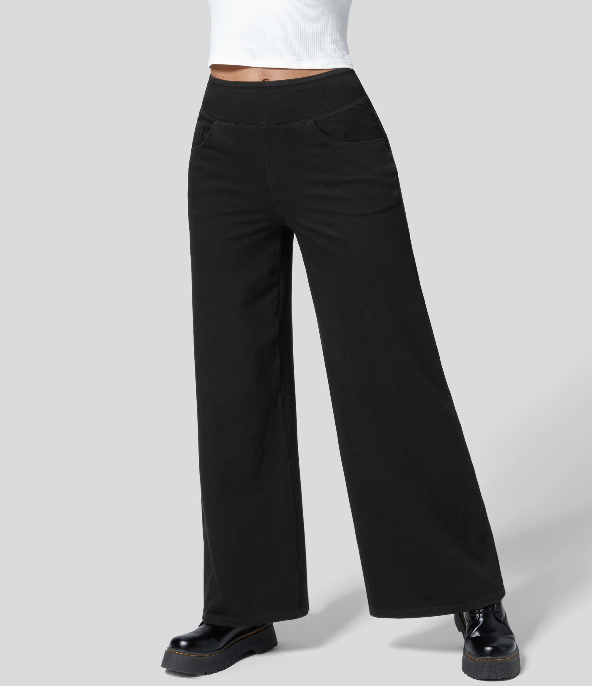 High Waisted Jeans|Wide Leg Jeans<HALARA Flex™ High Waisted Multiple Pockets Wide Leg Loose Stretchy Knit Work Jeans