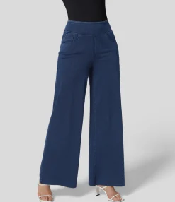 High Waisted Jeans|Wide Leg Jeans<HALARA Flex™ High Waisted Multiple Pockets Wide Leg Loose Stretchy Knit Work Jeans