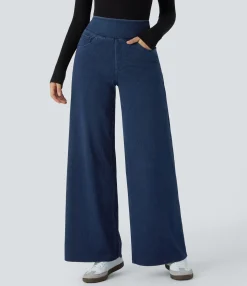 High Waisted Jeans|Wide Leg Jeans<HALARA Flex™ High Waisted Multiple Pockets Wide Leg Loose Stretchy Knit Work Jeans