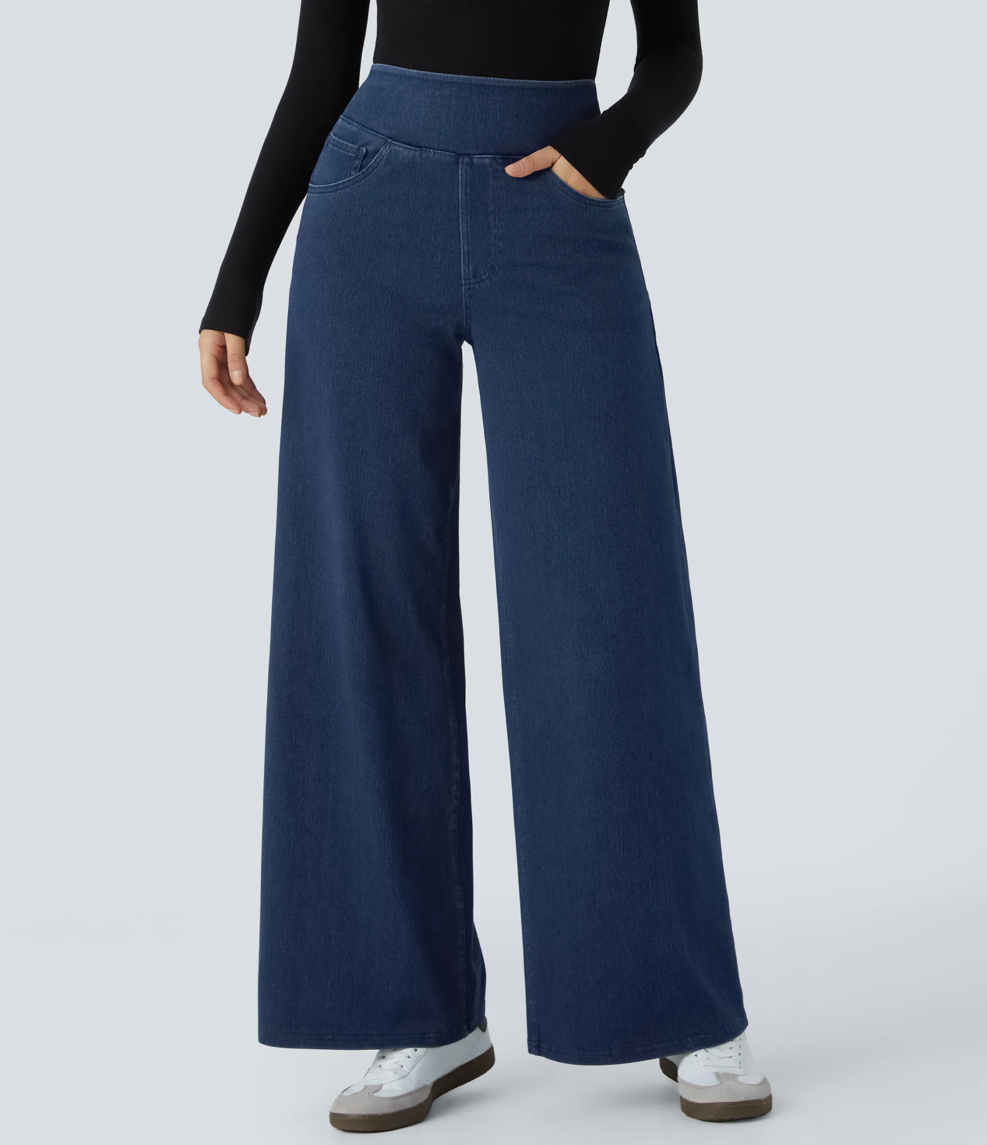 High Waisted Jeans|Wide Leg Jeans<HALARA Flex™ High Waisted Multiple Pockets Wide Leg Loose Stretchy Knit Work Jeans