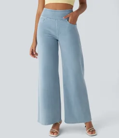 High Waisted Jeans|Wide Leg Jeans<HALARA Flex™ High Waisted Multiple Pockets Wide Leg Loose Stretchy Knit Work Jeans