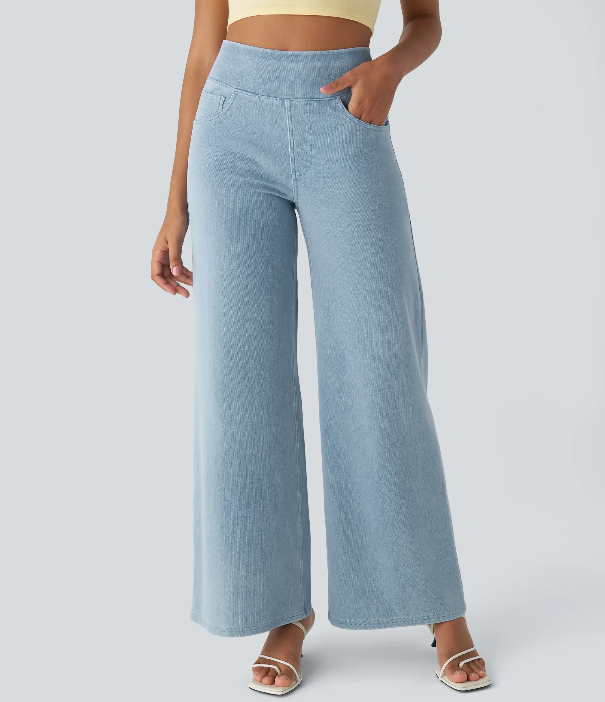 High Waisted Jeans|Wide Leg Jeans<HALARA Flex™ High Waisted Multiple Pockets Wide Leg Loose Stretchy Knit Work Jeans