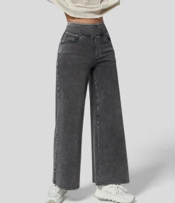High Waisted Jeans|Wide Leg Jeans<HALARA Flex™ High Waisted Multiple Pockets Wide Leg Loose Stretchy Knit Work Jeans