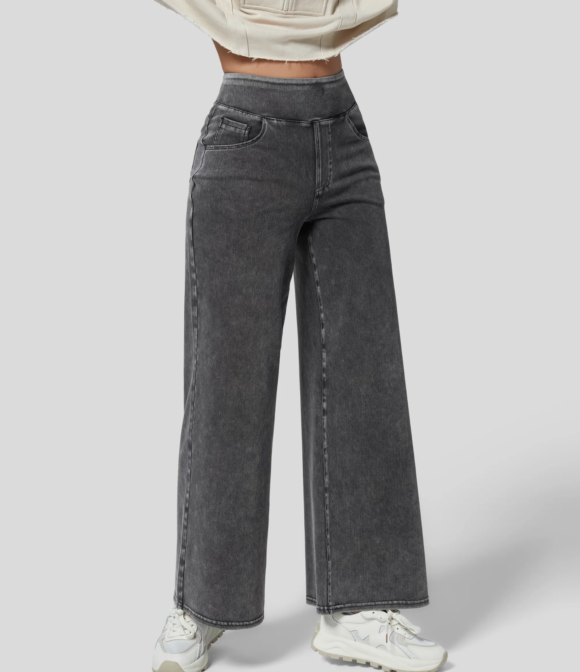High Waisted Jeans|Wide Leg Jeans<HALARA Flex™ High Waisted Multiple Pockets Wide Leg Loose Stretchy Knit Work Jeans