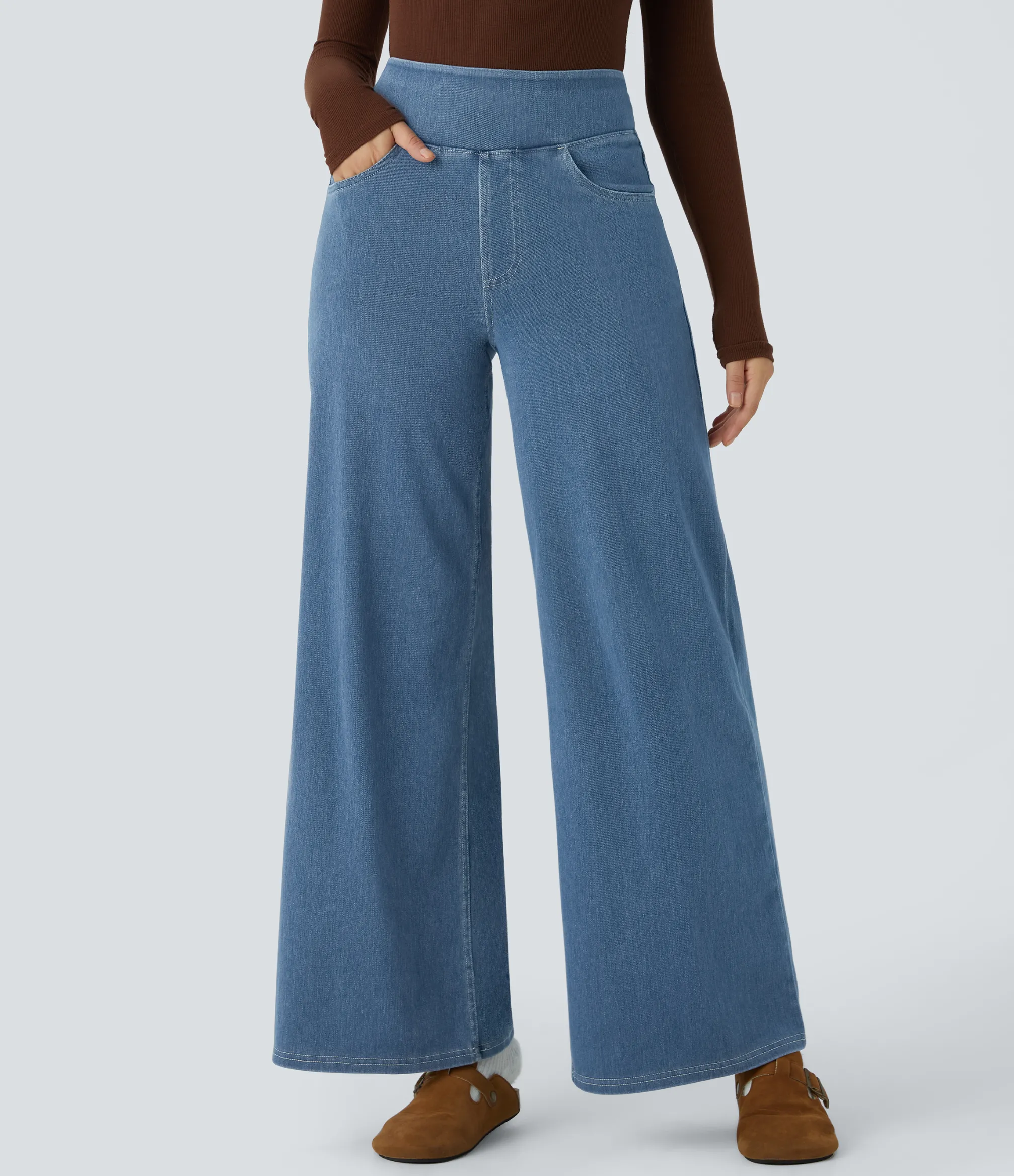 High Waisted Jeans|Wide Leg Jeans<HALARA Flex™ High Waisted Multiple Pockets Wide Leg Loose Stretchy Knit Work Jeans