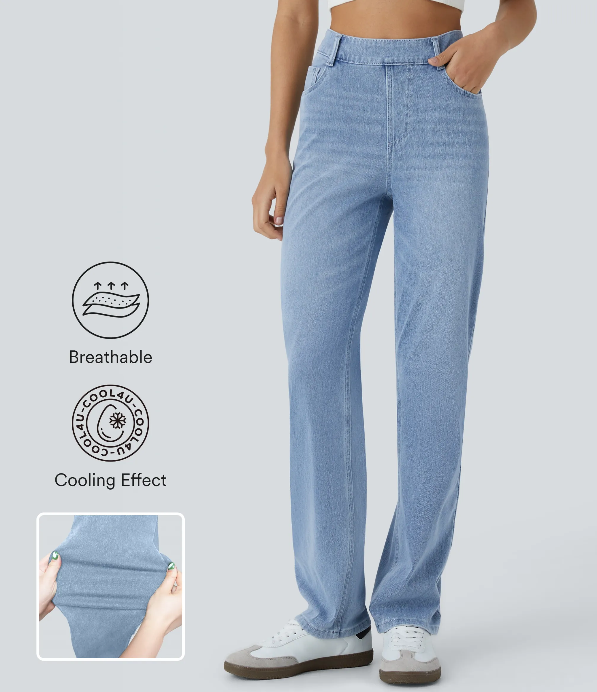High Waisted Jeans|Straight-Leg Jeans<HALARA Flex™ High Waisted Pockets Straight Leg Cool Touch Washed Casual Jeans