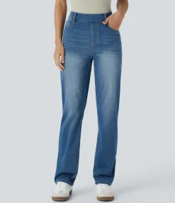 High Waisted Jeans|Straight-Leg Jeans<HALARA Flex™ High Waisted Pockets Straight Leg Cool Touch Washed Casual Jeans