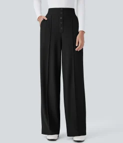 High-Waisted Pants|Straight-Leg Pants<HALARA Flex™ High Waisted Decorative Pocket Straight Leg Micro Waffle Work Pants