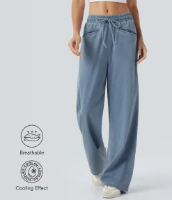 High Waisted Jeans|Wide Leg Jeans<HALARA Flex™ High Waisted Drawstring Wide Leg Cool Touch Casual Jeans with Pockets
