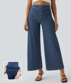 High Waisted Jeans|Wide Leg Jeans<HALARA Flex™ High Waisted Pockets Washed Casual Wide Leg Jeans