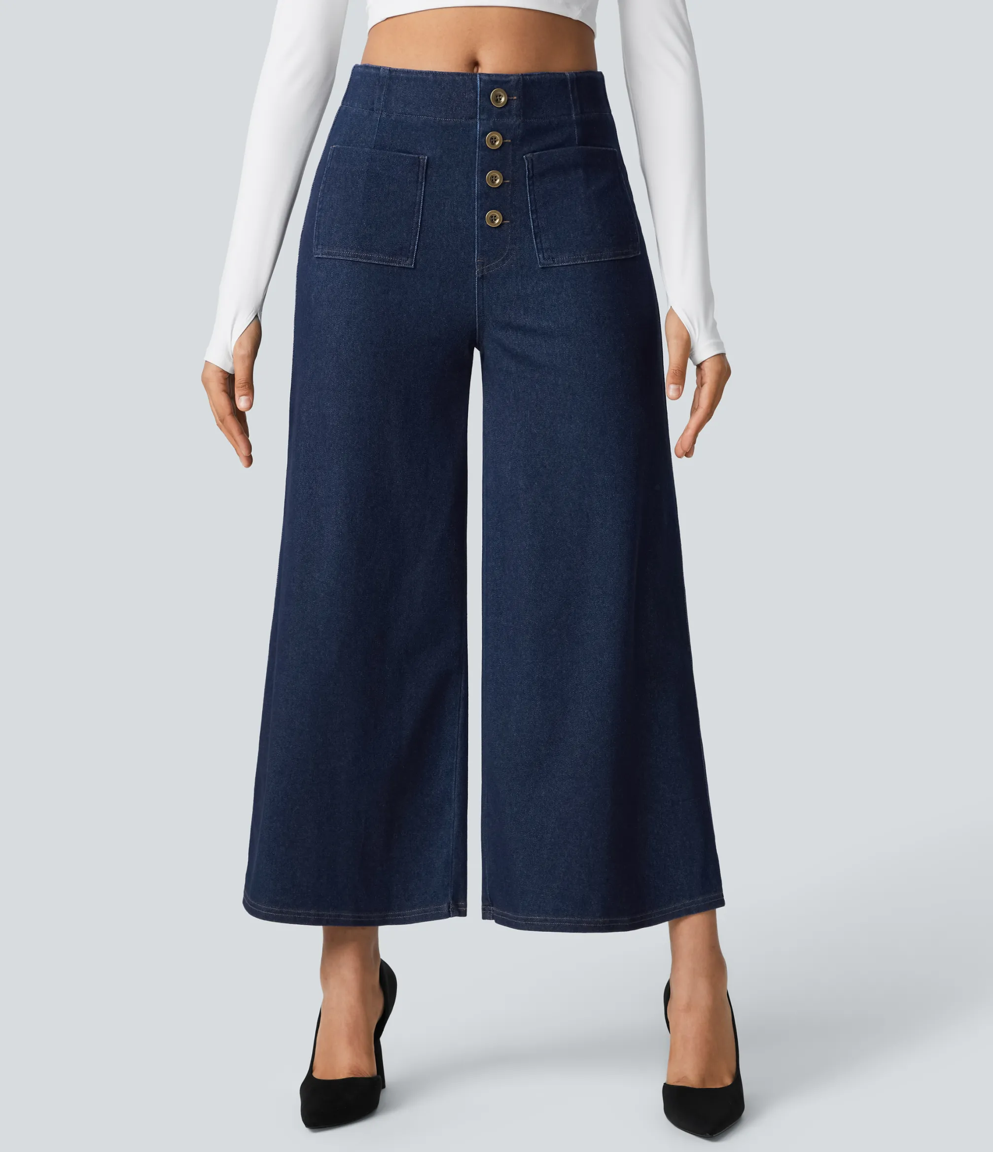 High Waisted Jeans|Wide Leg Jeans<HALARA Flex™ High Waisted Pockets Washed Casual Wide Leg Jeans