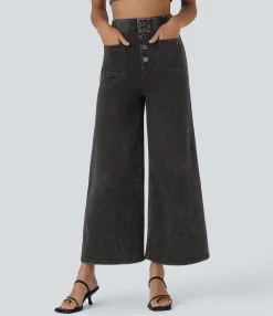 High Waisted Jeans|Wide Leg Jeans<HALARA Flex™ High Waisted Pockets Washed Casual Wide Leg Jeans