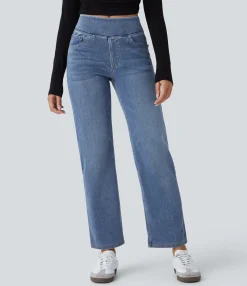 High Waisted Jeans|Straight-Leg Jeans<HALARA Flex™ High Waisted Pockets Straight Leg Washed Casual Jeans