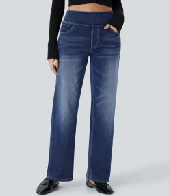 High Waisted Jeans|Straight-Leg Jeans<HALARA Flex™ High Waisted Pockets Straight Leg Washed Casual Jeans