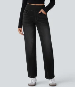 High Waisted Jeans|Straight-Leg Jeans<HALARA Flex™ High Waisted Pockets Straight Leg Washed Casual Jeans