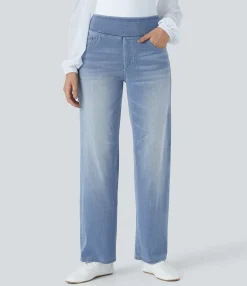 High Waisted Jeans|Straight-Leg Jeans<HALARA Flex™ High Waisted Pockets Straight Leg Washed Casual Jeans