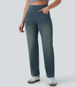 High Waisted Jeans|Straight-Leg Jeans<HALARA Flex™ High Waisted Pockets Straight Leg Washed Casual Jeans
