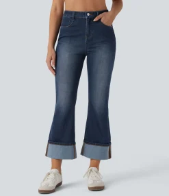 High Waisted Jeans|Flare & Bootcut Jeans<HALARA Flex™ High Waisted Rolled Hem 7/8 Casual Flare Jeans with Pockets