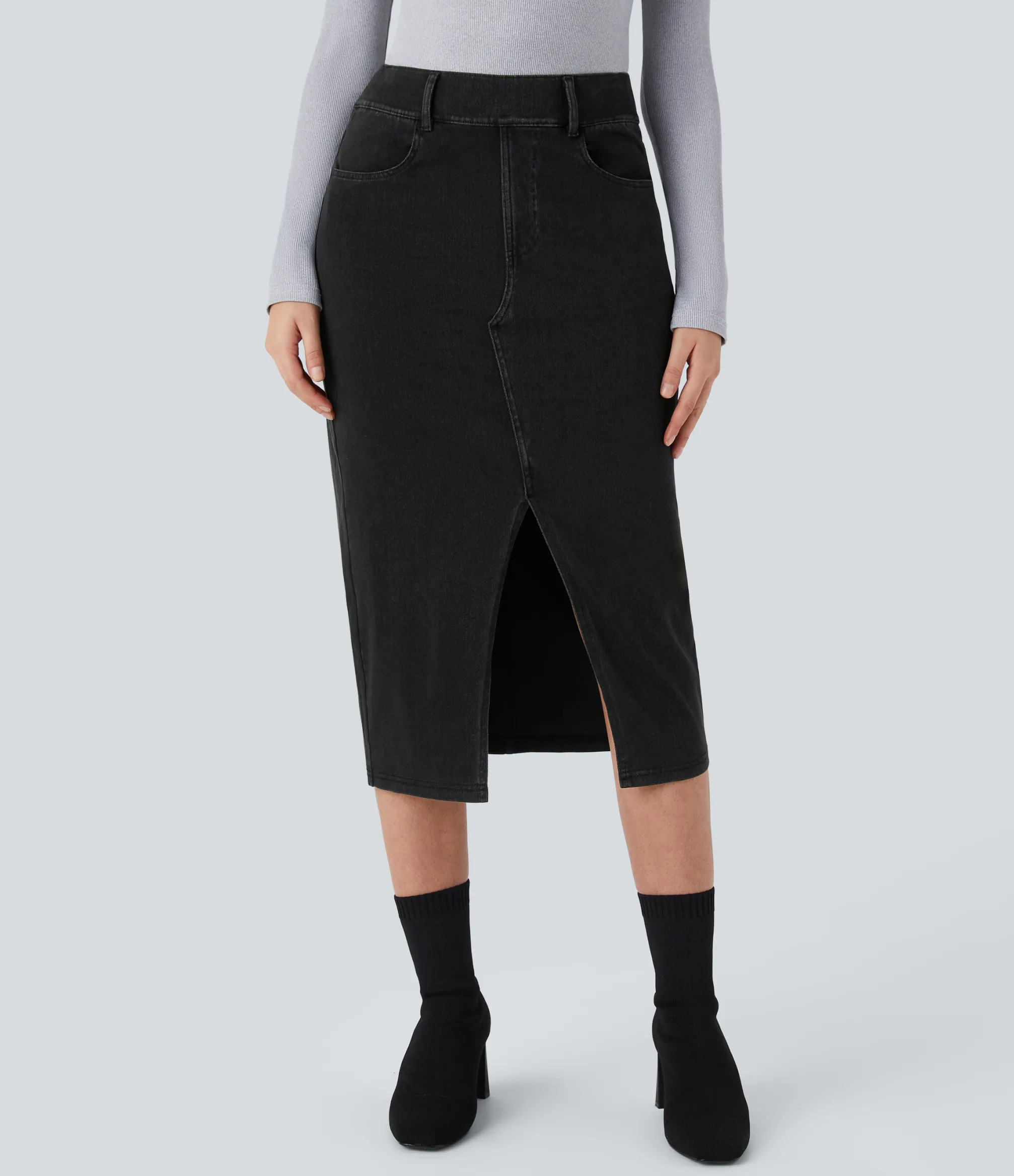 Denim Skirts|Maxi & Midi Skirts<HALARA Flex™ High Waisted Pockets Bodycon Denim Casual Midi Skirt