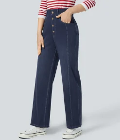 High Waisted Jeans|Straight-Leg Jeans<HALARA Flex™ High Waisted Decorative Pockets Straight Leg Casual Boyfriend Jeans
