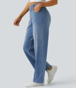 High Waisted Jeans|Straight-Leg Jeans<HALARA Flex™ High Waisted Decorative Pockets Straight Leg Casual Boyfriend Jeans