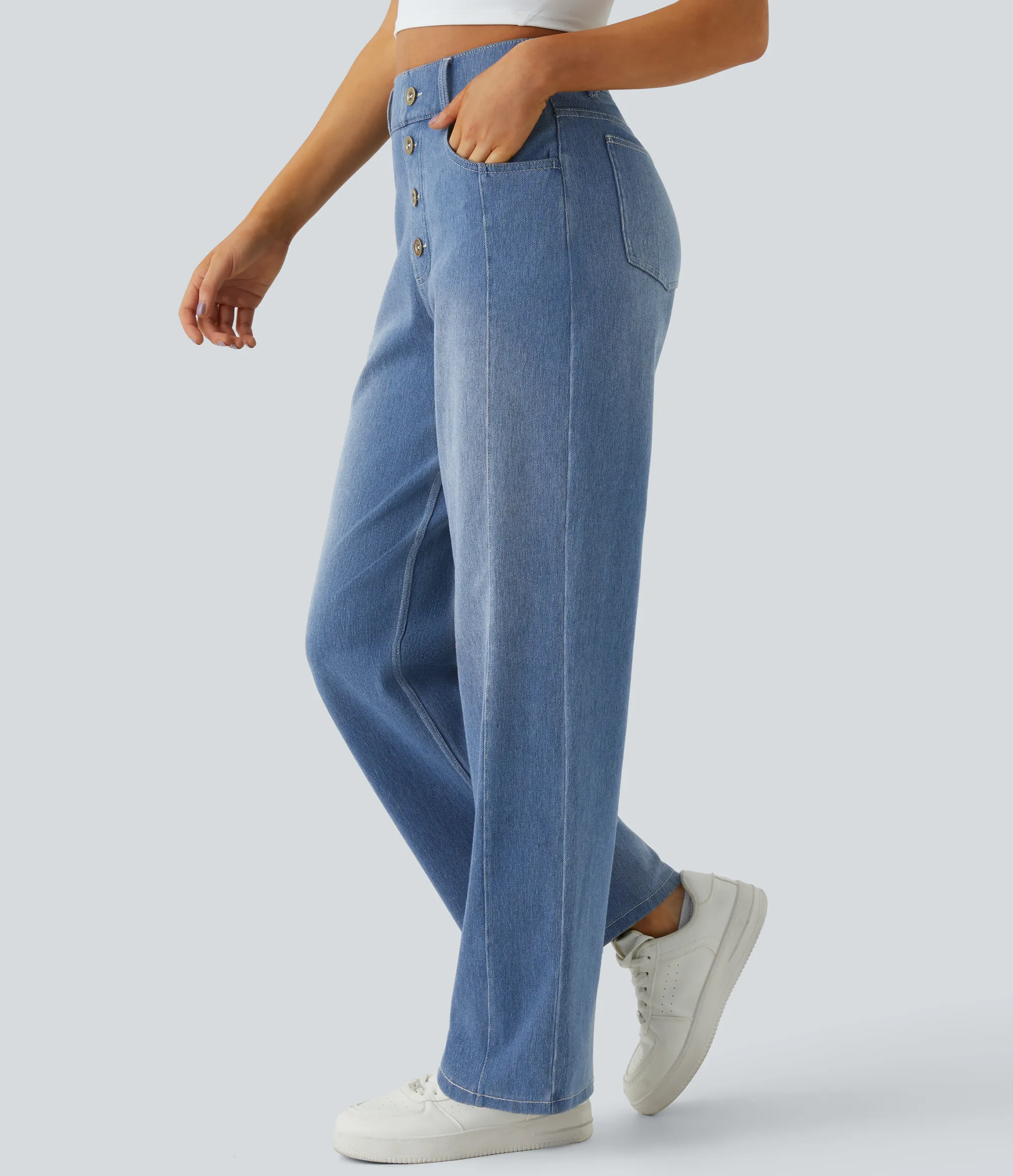 High Waisted Jeans|Straight-Leg Jeans<HALARA Flex™ High Waisted Decorative Pockets Straight Leg Casual Boyfriend Jeans