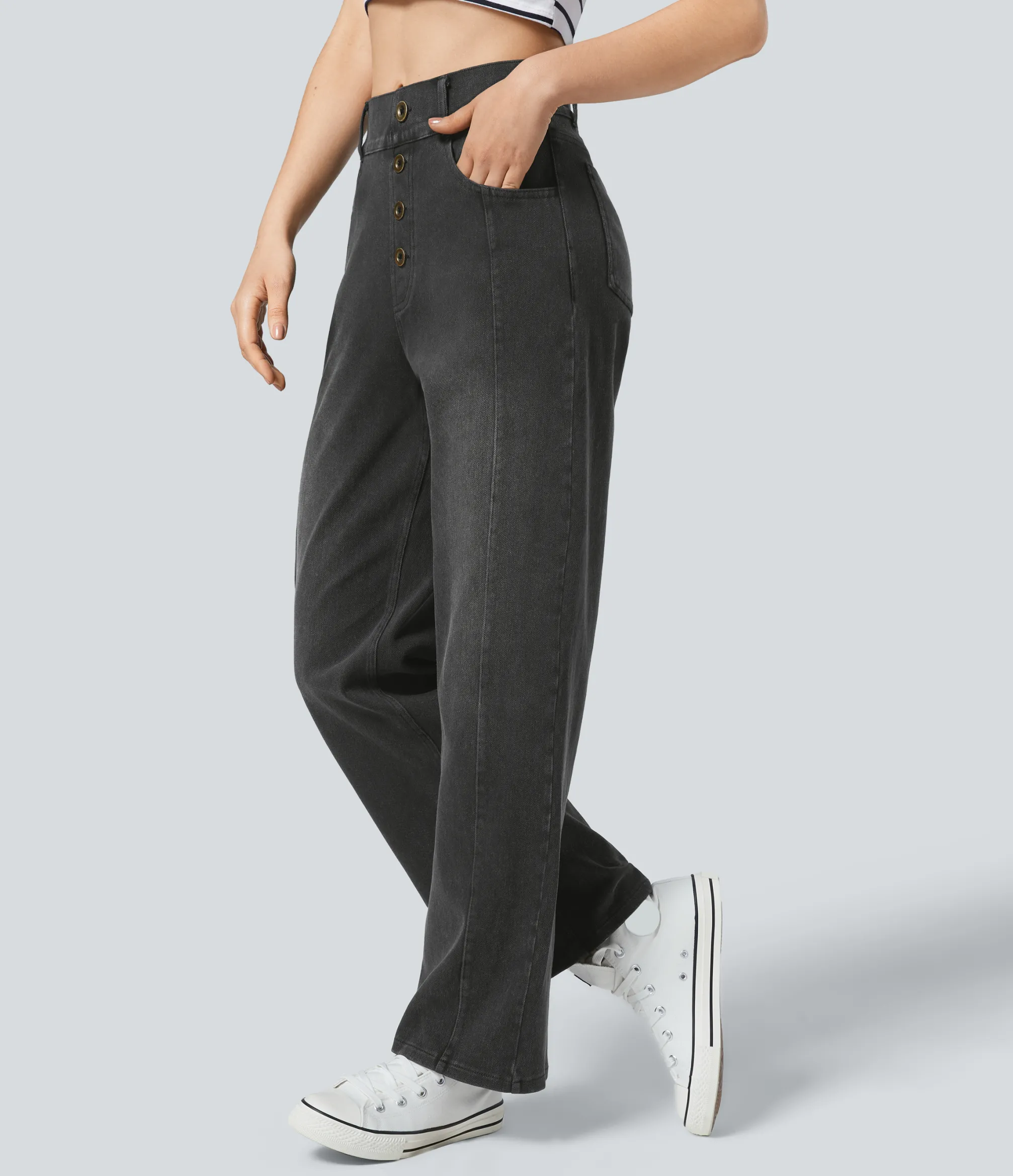 High Waisted Jeans|Straight-Leg Jeans<HALARA Flex™ High Waisted Decorative Pockets Straight Leg Casual Boyfriend Jeans