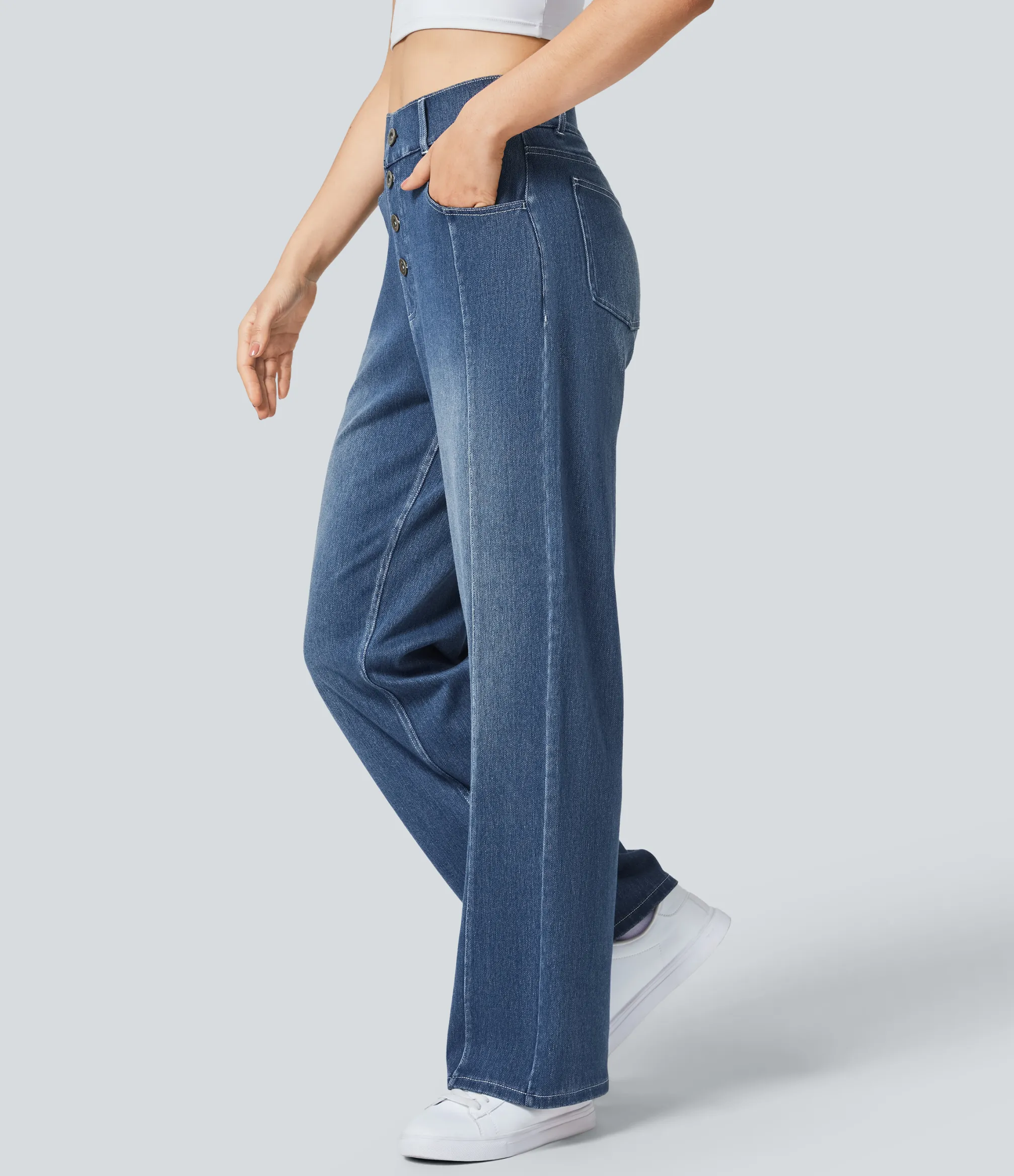 High Waisted Jeans|Straight-Leg Jeans<HALARA Flex™ High Waisted Decorative Pockets Straight Leg Casual Boyfriend Jeans