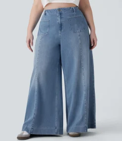 Plus-Size Denim|Plus Size<HALARA Flex™ High Waisted Pockets Washed Casual Wide Leg Plus Size Jeans