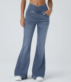 High Waisted Jeans|Skinny Jeans<HALARA Flex™ High Waisted Crossover Pocket Washed Casual Flare Jeans