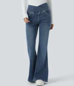 High Waisted Jeans|Skinny Jeans<HALARA Flex™ High Waisted Crossover Pocket Washed Casual Flare Jeans