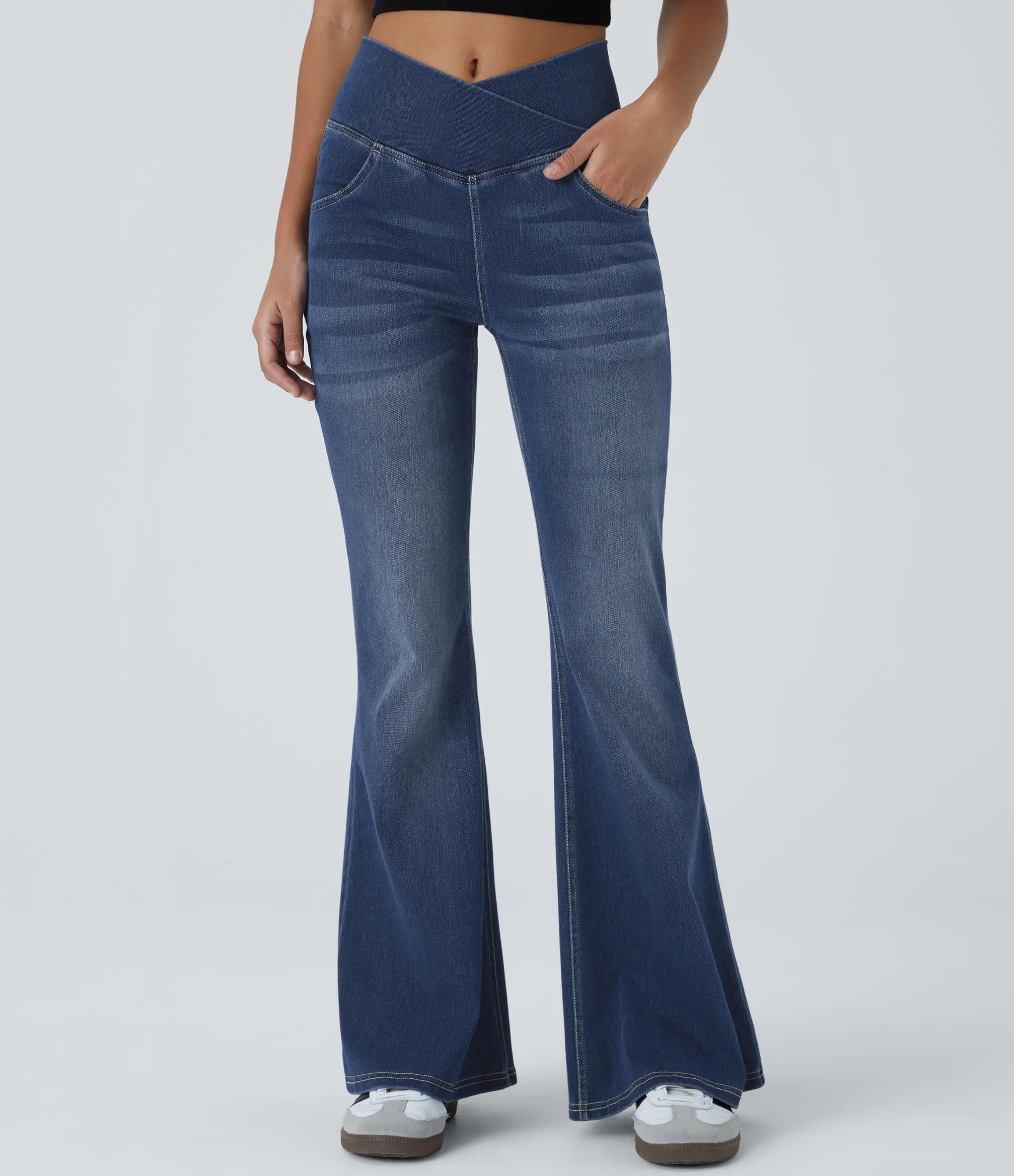 High Waisted Jeans|Skinny Jeans<HALARA Flex™ High Waisted Crossover Pocket Washed Casual Flare Jeans