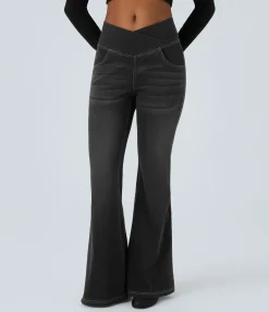 High Waisted Jeans|Skinny Jeans<HALARA Flex™ High Waisted Crossover Pocket Washed Casual Flare Jeans