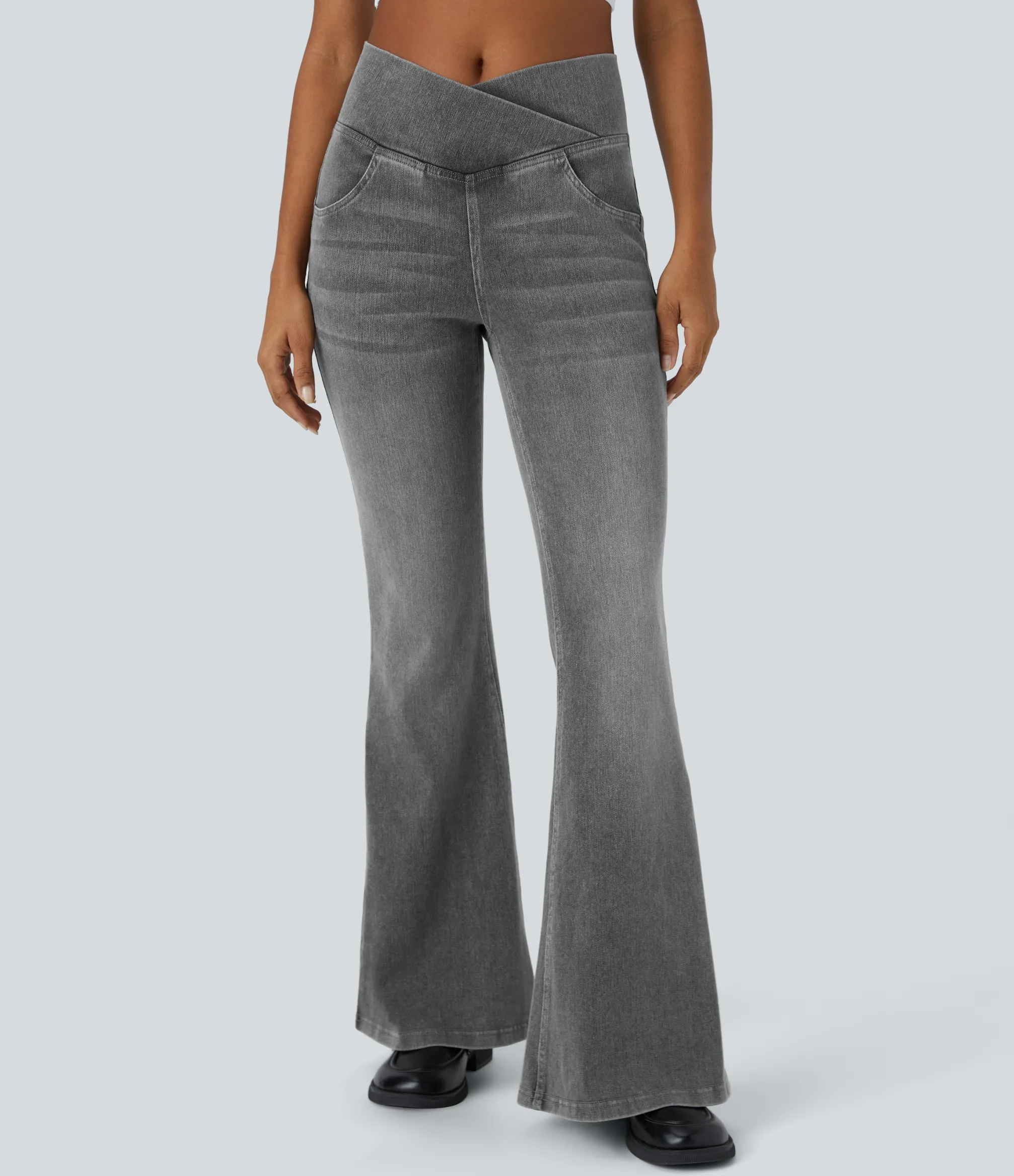 High Waisted Jeans|Skinny Jeans<HALARA Flex™ High Waisted Crossover Pocket Washed Casual Flare Jeans