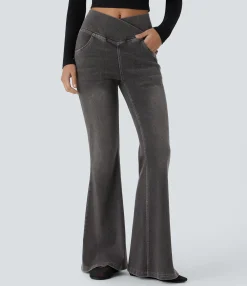 High Waisted Jeans|Skinny Jeans<HALARA Flex™ High Waisted Crossover Pocket Washed Casual Flare Jeans