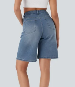Denim Shorts|Denim Shorts<HALARA Flex™ High Waisted Pockets Washed Denim Casual Bermuda Shorts