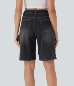 Denim Shorts|Denim Shorts<HALARA Flex™ High Waisted Pockets Washed Denim Casual Bermuda Shorts