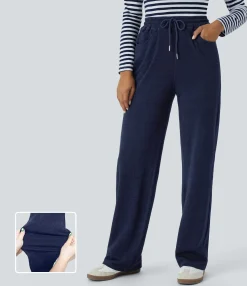 Straight-Leg Jeans|High Waisted Jeans<HALARA Flex™ High Waisted Drawstring Pocket Straight Leg Casual Jeans Blue Waffle Denim