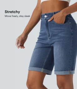 Denim Shorts|Denim Shorts<HALARA Flex™ High Waisted Pockets Rolled Hem Washed Denim Casual Bermuda Shorts