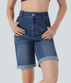 Denim Shorts|Denim Shorts<HALARA Flex™ High Waisted Pockets Rolled Hem Washed Denim Casual Bermuda Shorts