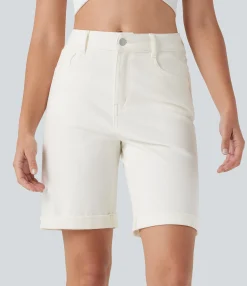 Denim Shorts|Denim Shorts<HALARA Flex™ High Waisted Pockets Rolled Hem Washed Denim Casual Bermuda Shorts