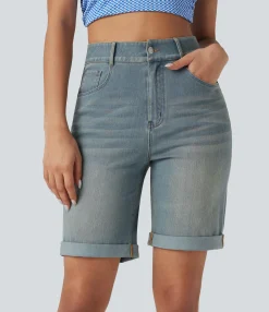 Denim Shorts|Denim Shorts<HALARA Flex™ High Waisted Pockets Rolled Hem Washed Denim Casual Bermuda Shorts