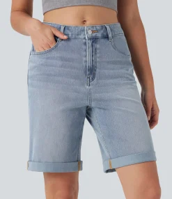 Denim Shorts|Denim Shorts<HALARA Flex™ High Waisted Pockets Rolled Hem Washed Denim Casual Bermuda Shorts