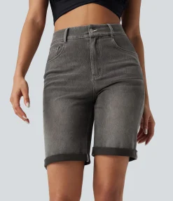 Denim Shorts|Denim Shorts<HALARA Flex™ High Waisted Pockets Rolled Hem Washed Denim Casual Bermuda Shorts