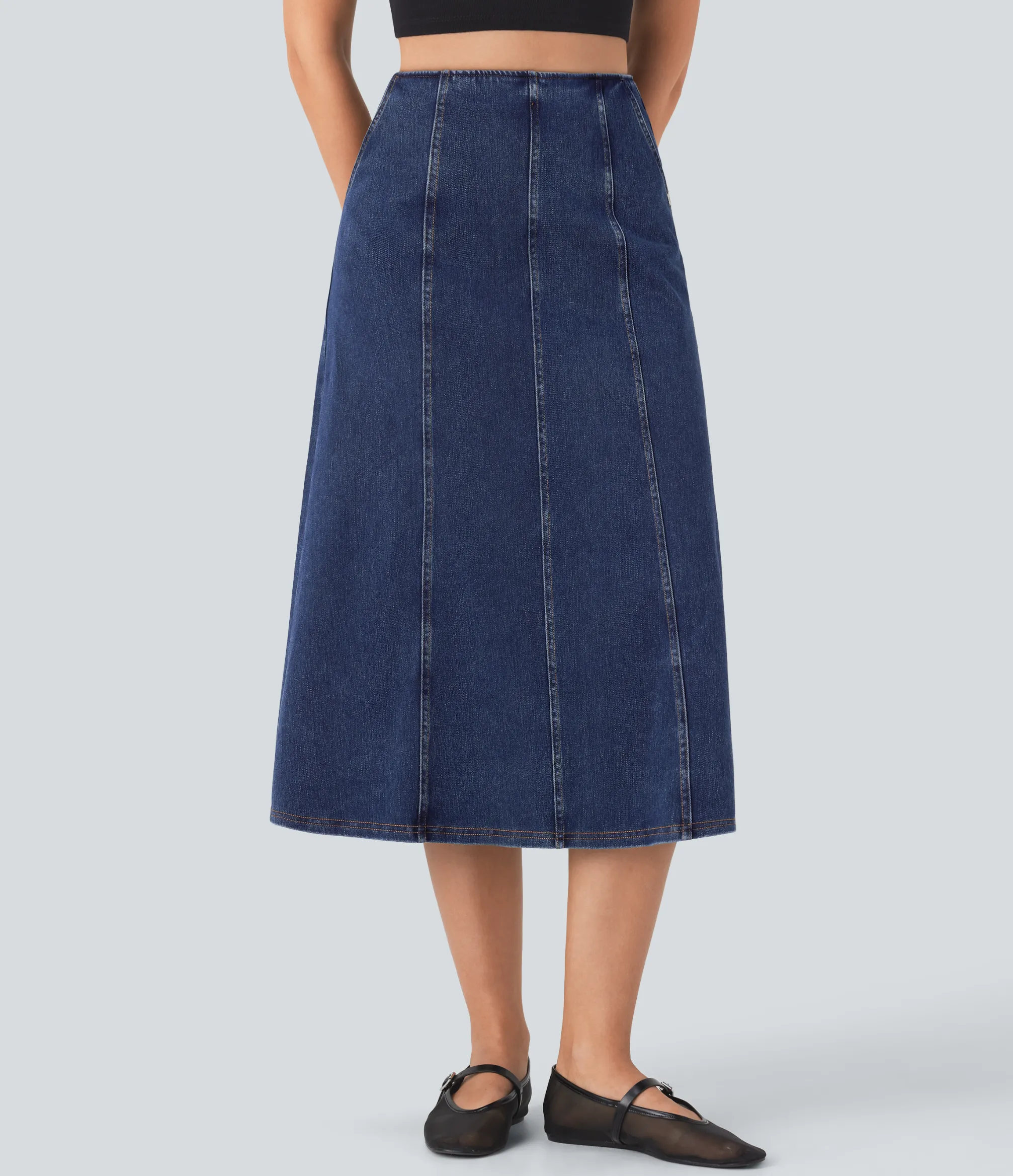 Denim Skirts|Maxi & Midi Skirts<HALARA Flex™ High Waisted Pocket A-line Midi Washed Denim Casual Skirt