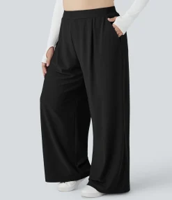 Plus Size<HALARA Flex™ High Waisted Body Sculpt Waist-Slimming Pocket Wide Leg Micro Waffle Plus Size Work Pants