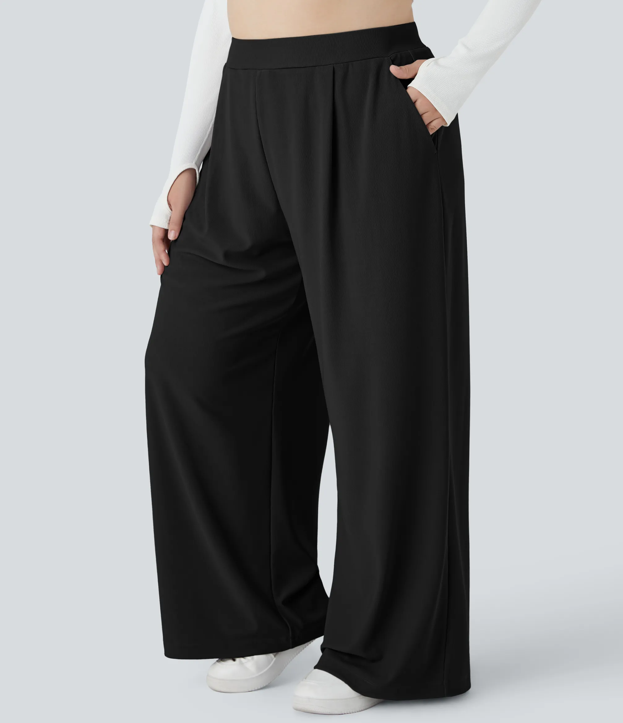 Plus Size<HALARA Flex™ High Waisted Body Sculpt Waist-Slimming Pocket Wide Leg Micro Waffle Plus Size Work Pants