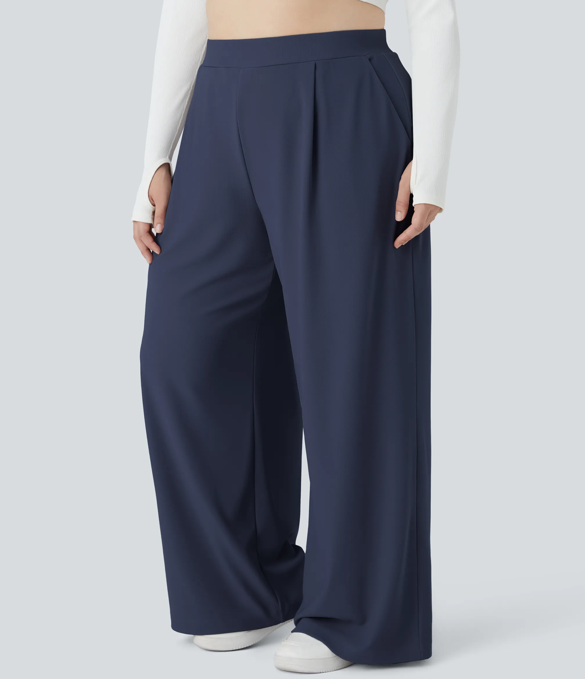 Plus Size<HALARA Flex™ High Waisted Body Sculpt Waist-Slimming Pocket Wide Leg Micro Waffle Plus Size Work Pants