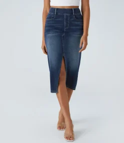 Denim Skirts|Maxi & Midi Skirts<HALARA Flex™ High Waisted Pockets Bodycon Washed Denim Casual Midi Skirt